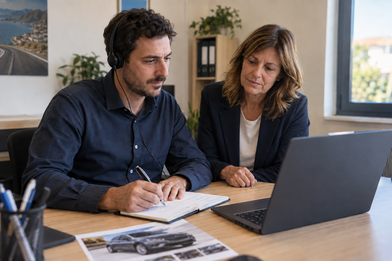 Scena illustrativa di un consulente che riascolta una chiamata e prende appunti.